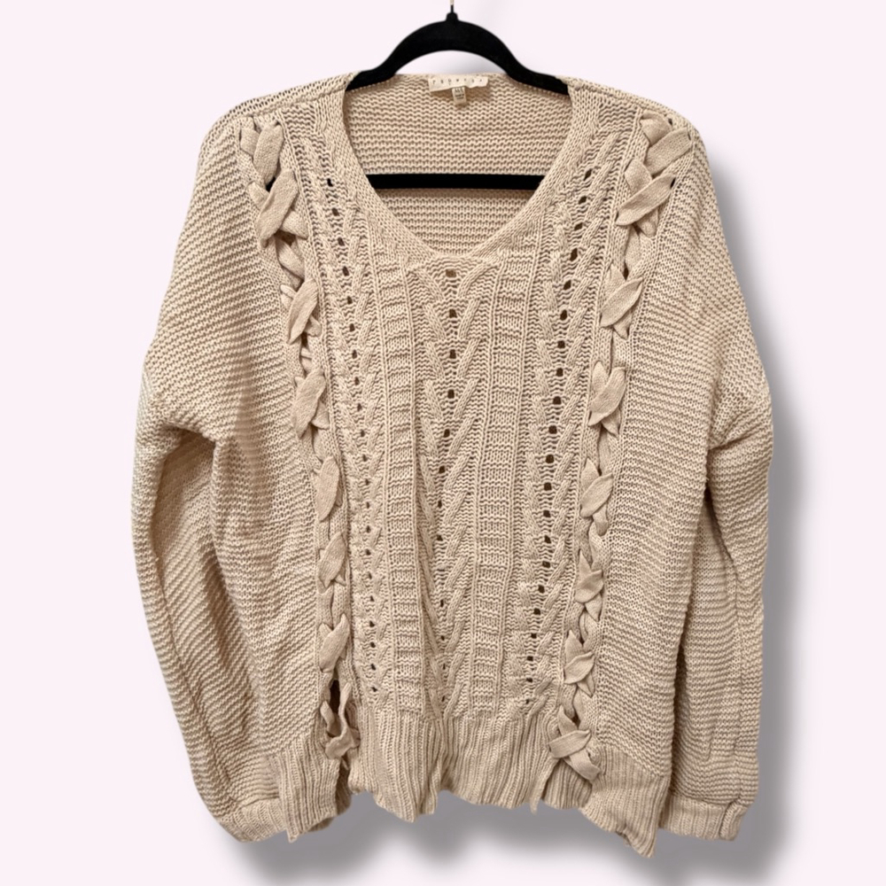 Promesa Cream Braided Cable Knit Sweater Women’s M/L Romantic Feminine Boho Cozy